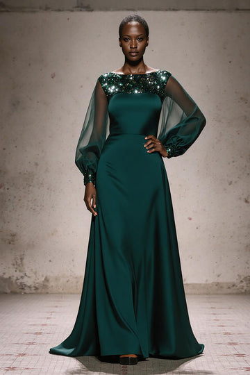 Dark Green Long Sleeve Sequin A Line Evening Dress